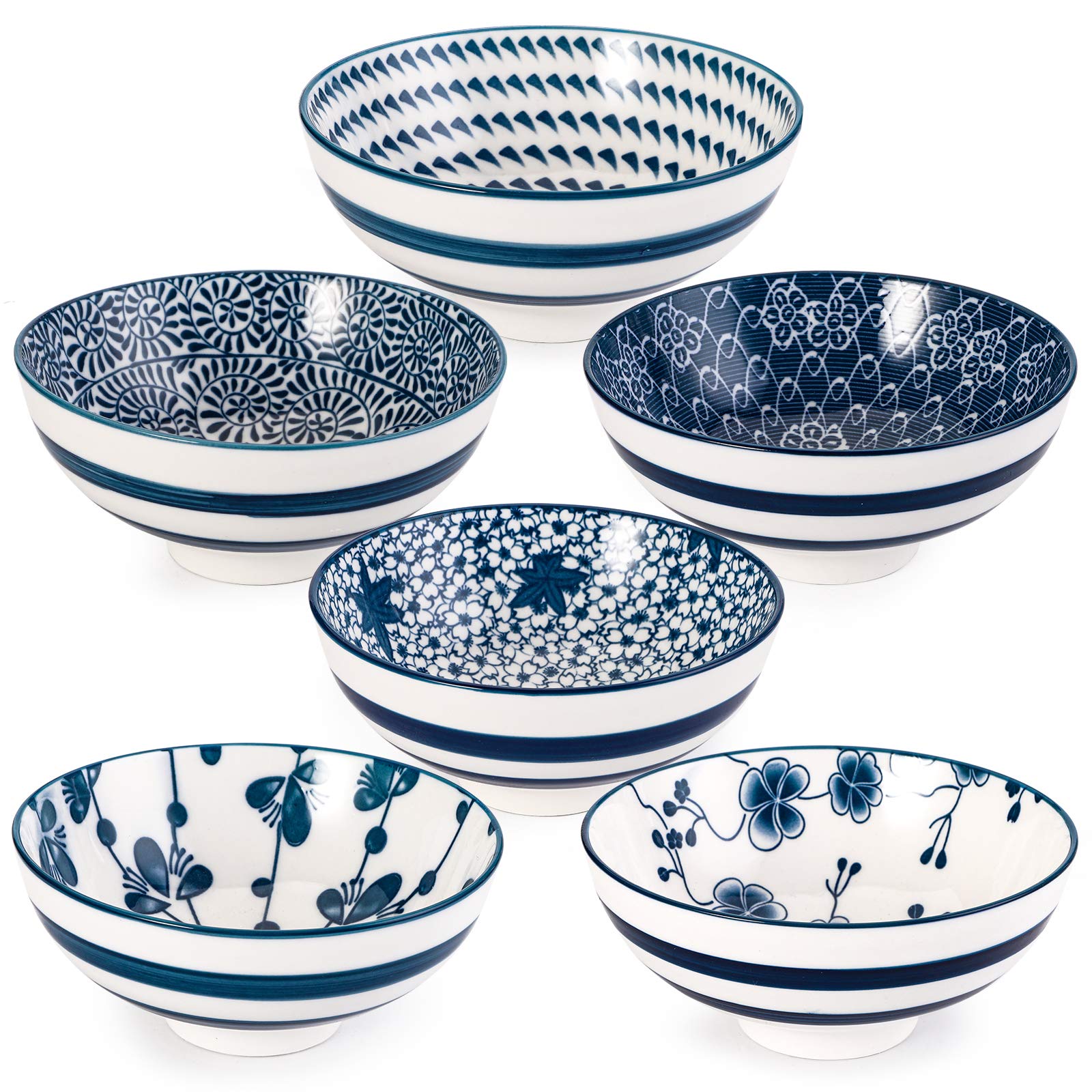 Foraineam Set of 6 Chinese Style Porcelain Cereal Bowls 240ml Blue and White Floral Small Ceramic Bowls Set Japanese Style Soup Bowls for Sushi,Sauce,Snack and Rice