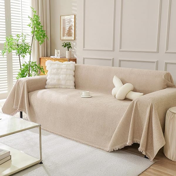 DREAMINGO SOFA COVERS WASHABLE THICK CHENILLE COUCH COVER FOR 3 CUSHION COUCH SOFA MULTI-USE COUCH COVER BLANKET MODERN PET FURNITURE PROTECTOR SECTIONAL COUCH SLIPCOVER 71″X150″, KHAKI