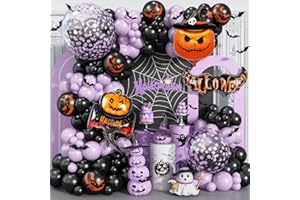 HAOLONGFA Halloween Balloon Garland Arch Kit, 113PCS Purple Black Latex Balloons with Bobo Balloon, Pumpkin Bat Ghost Foil Balloons and PVC Bat for Halloween Birthday Party Decorations Indoor Outdoor