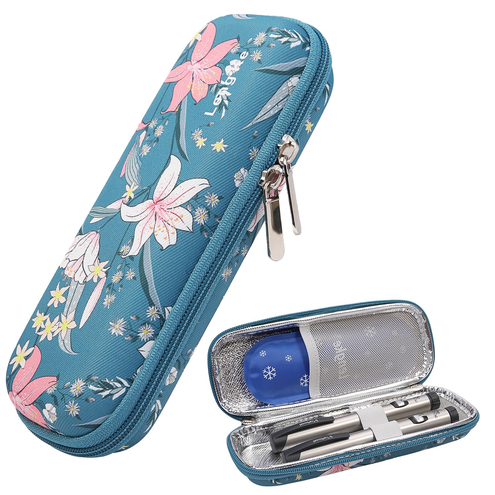 JAKAGO EVA Compact Insulin Cooler Travel Hard Case,Lightweight and Durable Diabetic Small Storage Travel Packs for Insulin Pens & Needles with 2 Ice Pack (Lily Flower)