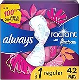 Always Radiant Feminine Pads for Women, Flexfoam Pads with Wings, Size 1, Regular Absorbency, Lightly Scented, 42 Count