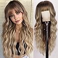 Lativ Blonde Wig With Bangs Long Wavy Curly Ombre Wig with Dark Root Synthetic Heat Resistant Wigs for Women Daily Party Use 26 Inches