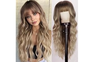 Lativ Blonde Wig With Bangs Long Wavy Curly Ombre Wig with Dark Root Synthetic Heat Resistant Wigs for Women Daily Party Use 26 Inches