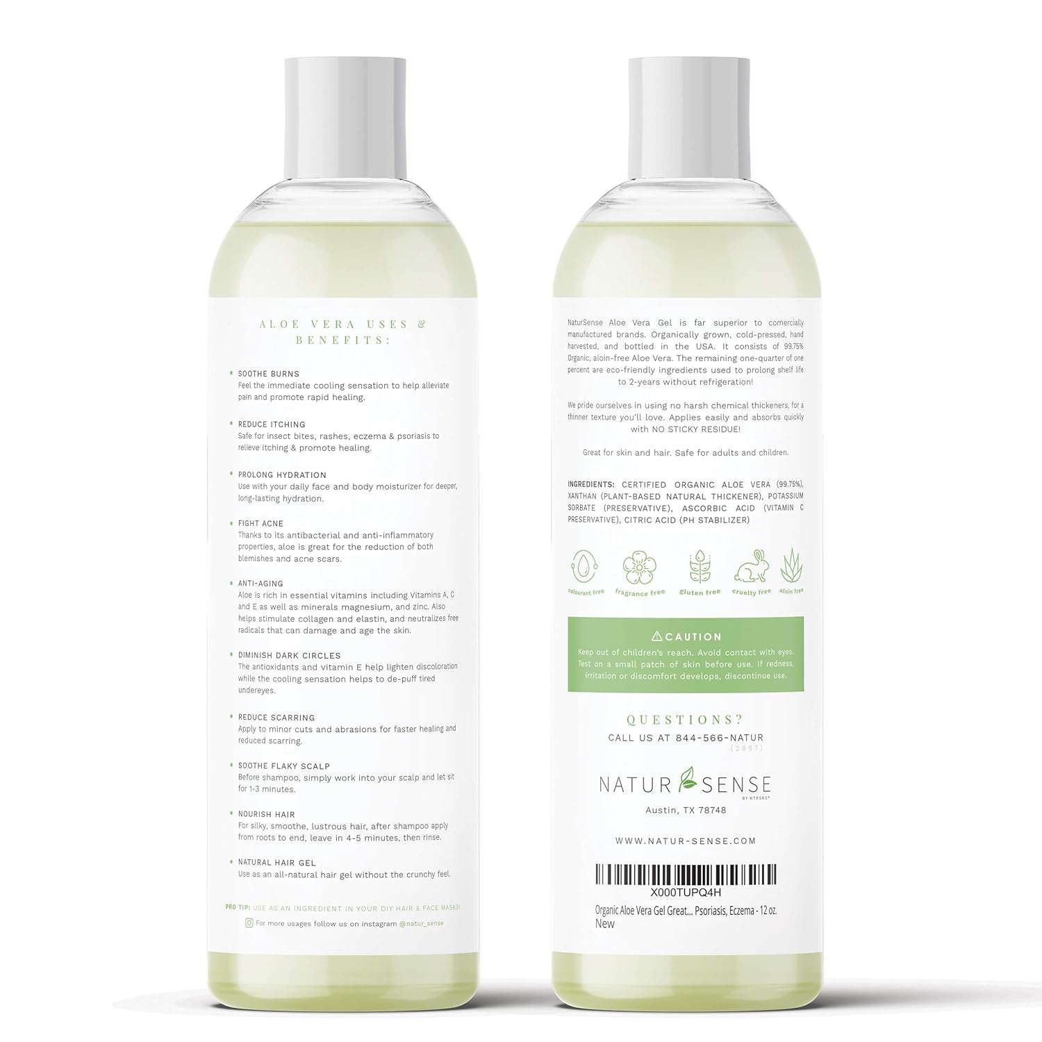 NaturSense Organic Aloe Vera Gel Great for Face, Hair, Sunburn Relief, Acne, Razor Bumps, Psoriasis, Eczema, Dry Skin Hydration - 12 oz. : Beauty