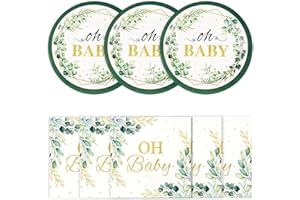 BOKFJBP 40pcs Oh Baby Eucalyptus Plates&Napkins-Sage Greenery Baby Shower Disposable Green Leaf Party 9IN Plate for Boys or Girls Gender Reveal Baby Shower Birthday Party Decorations Serves 20 Guest