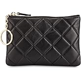 DORIS&JACKY Soft Lambskin Leather Coin Purse Small Quilted RFID Blocking Top Zipper Wallet With Key Chain