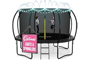 JoyBerri Trampoline Outdoor - ASTM Certified Safe, 8Ft, 10Ft, 12Ft, 14Ft, 15Ft, 16Ft Recreational Trampoline for Kids and Adults. Anti-Rust Coating with Enclosure Net, Ladder, Sprinkler & LED Lights