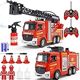 Leopmase Remote Control Fire Truck, RC Fire Truck Toy Set, 2 Firetruck with Fire Extinguisher, 2 Dolls, 4 Traffic Cones, Ligh