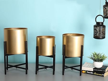 Homspurts Metal Plant Pot Set | Indoor Round Planter with Metal Stand (Pot: Gold, Stand: Black, All Three Sizes)