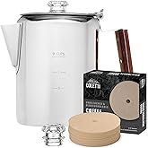 COLETTI Bozeman Super Bundle &mdash; Percolator Coffee Pot, Camping Coffee Pot, 2x Glass Globes, 100-Pack of Natural Filters &mdash; Camping's Best Percolator &ndash; Pure Stainless Steel [9 Cup Bundle]
