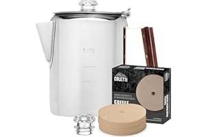 COLETTI Bozeman Super Bundle — Camping Coffee Pot, 2x Glass Globes, 100-Pack of Natural Filters — Camping's Best Percolator – Pure Stainless Steel [9 Cup Bundle]