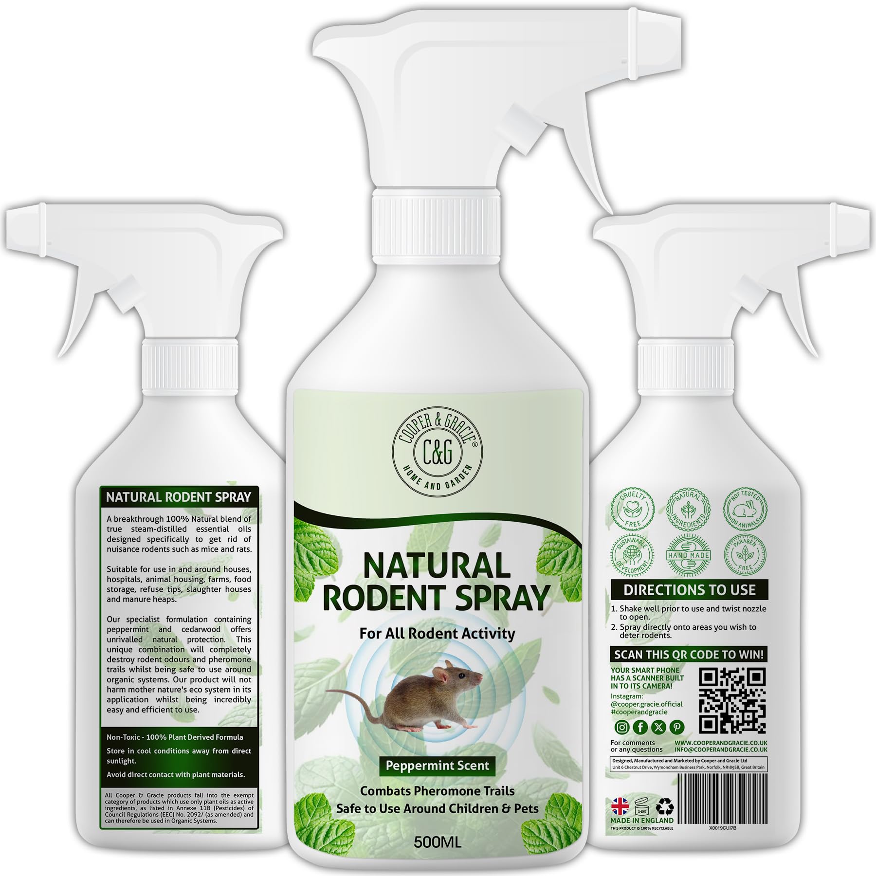 Natural Rodent Repellent Spray 500ML | Peppermint Oil Rat & Mouse Repellent | Natural Rat Repellent Spray | Peppermint Spray for Mice | Indoor Outdoor Rodent Control | How to Get Rid of Mice Naturally
