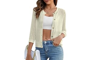 Genhoo 2024 Women's 3/4 Sleeve Cropped Cardigan Summer Lightweight Button Down Sweater Crochet Knit Bolero Shrugs