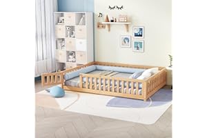 ROCKINGRUN Queen Size Montessori Floor Bed Frame with Safety Fence & Convertible Door, Toddler Playhouse Floor Bed with Sturdy Soild Wood Slats Guardrails for Girls, Boys, Child Bedroom, Kids Playroom (Natural)