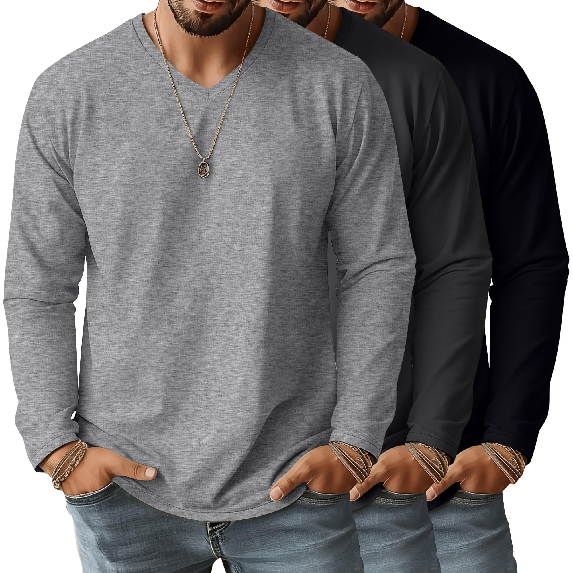 Photo 1 of Ficerd 3 Pack Big and Tall Shirts for Men V Neck Cotton Long Sleeve Tee L-7XL Casual Loose Tops Oversized Basic T Shirts(Black, Dark Gray, Light Gray,XL)