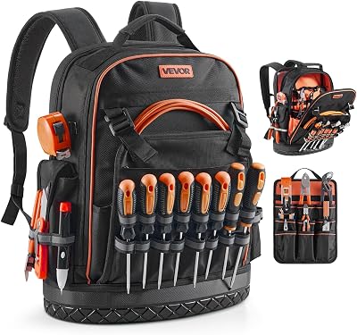 Zaino Portautensili, 64 Tasche, per Attrezzi Pesanti, Zaino da Lavoro con Scomparto per Laptop e Base Sagomata, Borsa da Cantiere per Elettricisti, Riparatori e Tecnici HVAC Nero