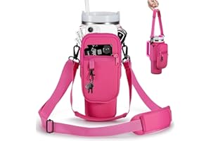 BULKITEM Water Bottle Carrier Bag with Phone Pocket for Stanley 40 & 30 oz Tumbler with Handle,Pink Insulated Neoprene Cup Holder Pouch w/Adjustable Strap for Quencher H2.0 Stanley Cup Accessories