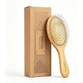GAVIVOL Bamboo Paddle Hair Brush with Steel Bristles for Anti-Static Detangling and Scalp Massager Perfect Wooden Handle Brush for Hair Growth All Types Flexible Curly Hair Detangler for Women Kids