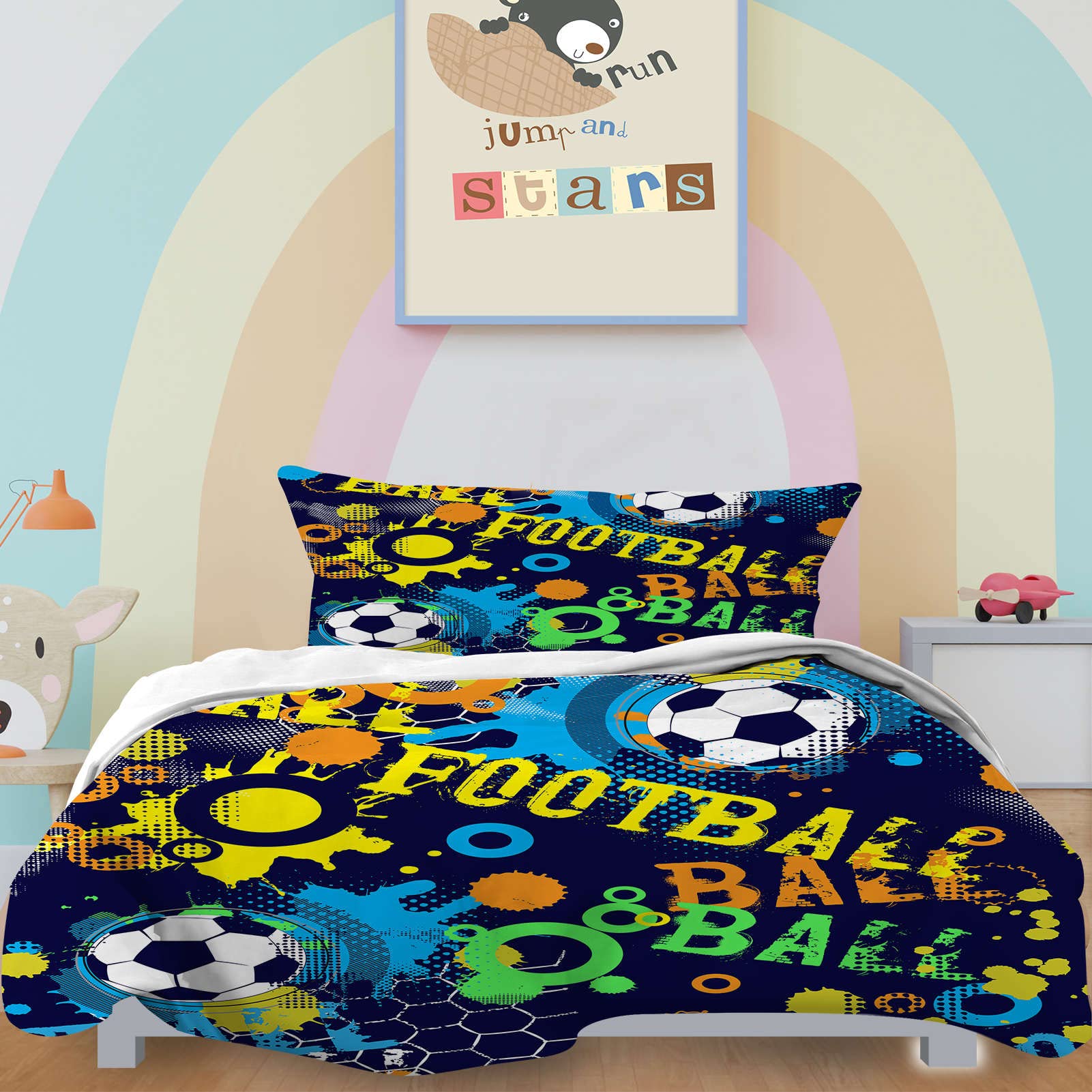 YUANZU Football Duvet Cover Set Single for Kids Boys Teens Bedding Set 2 Pieces Sport Abstract Colorful Soccer Printed Soft Microfiber Quilt Cover with Zipper Closure (135x200cm & 1Pillowcase)