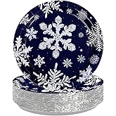 Greencian 50Pcs Winter Snowflake Paper Plates 9" Navy Blue Hand Painted Snowflakes Plates Disposable Merry Christmas Party Decorations for Winter Holiday Dinner Birthday Party Supplies