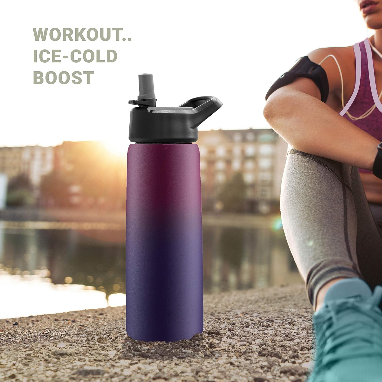 Triple-Insulated Stainless Steel Water Bottle with Straw Lid - Flip-Top Lid - Wide-Mouth Cap (26 oz) Insulated Water Bottles, Keeps Hot and Cold - Great for Hiking & Biking (Dreamy Purple) : Sports & Outdoors