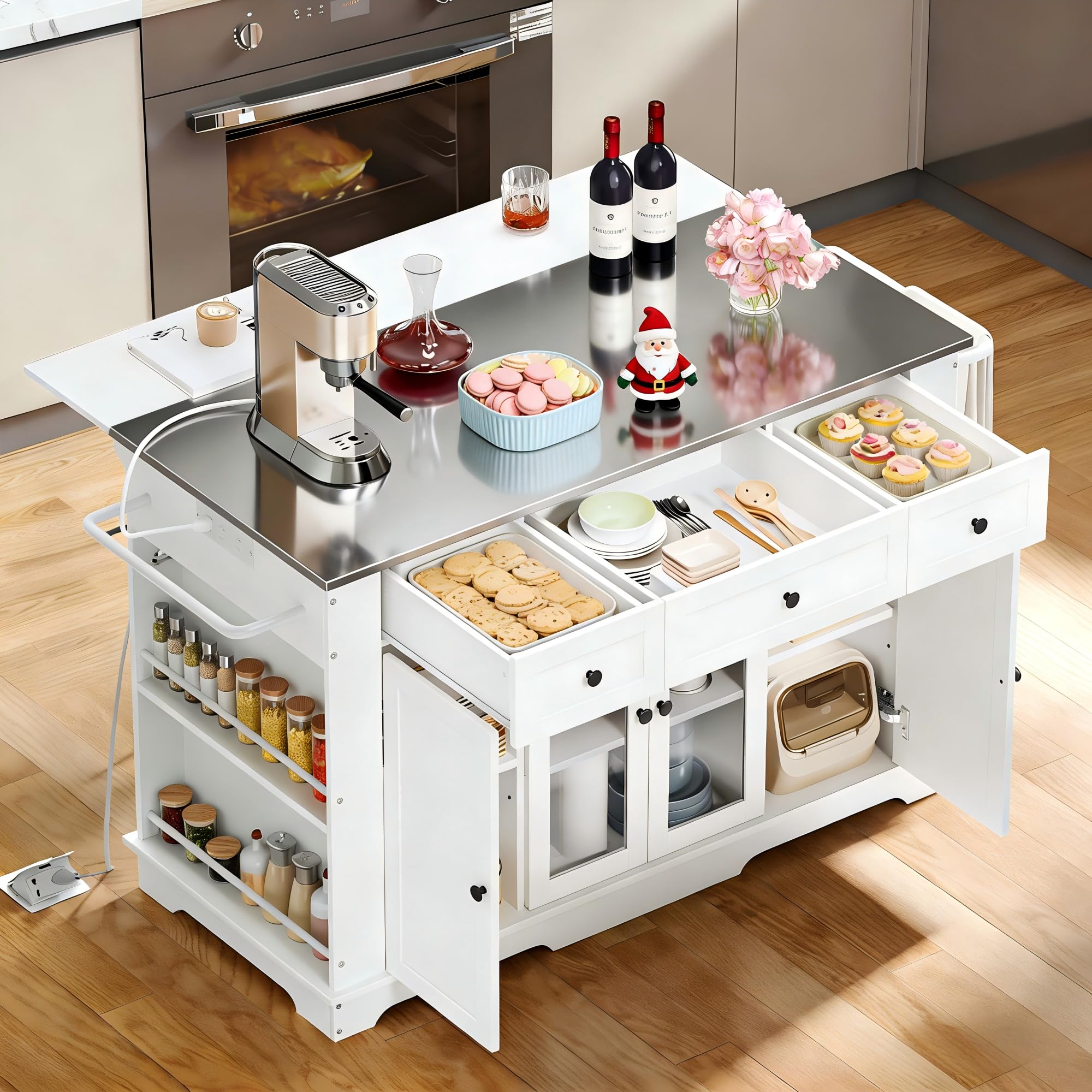 Photo 1 of YITAHOME 60 Inch Kitchen Island with Drop Leaf, Mobile Stroage Islands with Stainless Steel Top, Rolling Island Table with Power Outlet, Adjustable Shelves, Spice Rack, Towel Rack for Kitchen, White