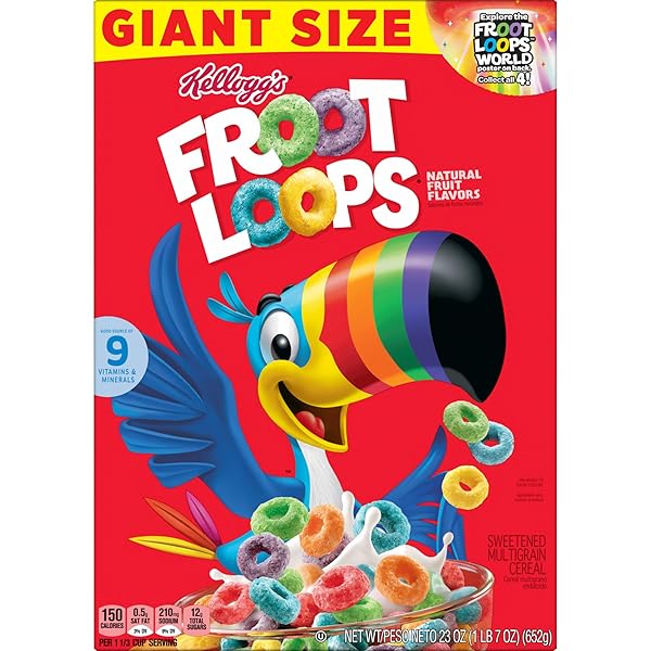KELLOGG’S FROOT LOOPS BREAKFAST CEREAL, KIDS CEREAL, FAMILY BREAKFAST, GIANT SIZE, ORIGINAL, 23OZ BOX (1 BOX)