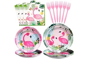 SCIONE 96 Pcs Summer Flamingo Pool Party Supplies Paper Plates and Napkins, Disposable Hawaiian Themed Tableware Serve 24 Guests for Girl Kids