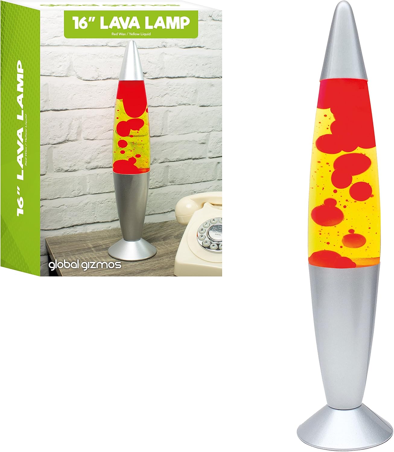 Global Gizmos 48850 16" Red & Yellow Lava Lamp / Silver Base / Retro Nostalgia / Relaxing Mood Light / Decorative Illumination