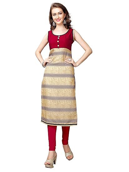 Womens A-Line Silk Kurta (clothix9_Red and Beige_Large)