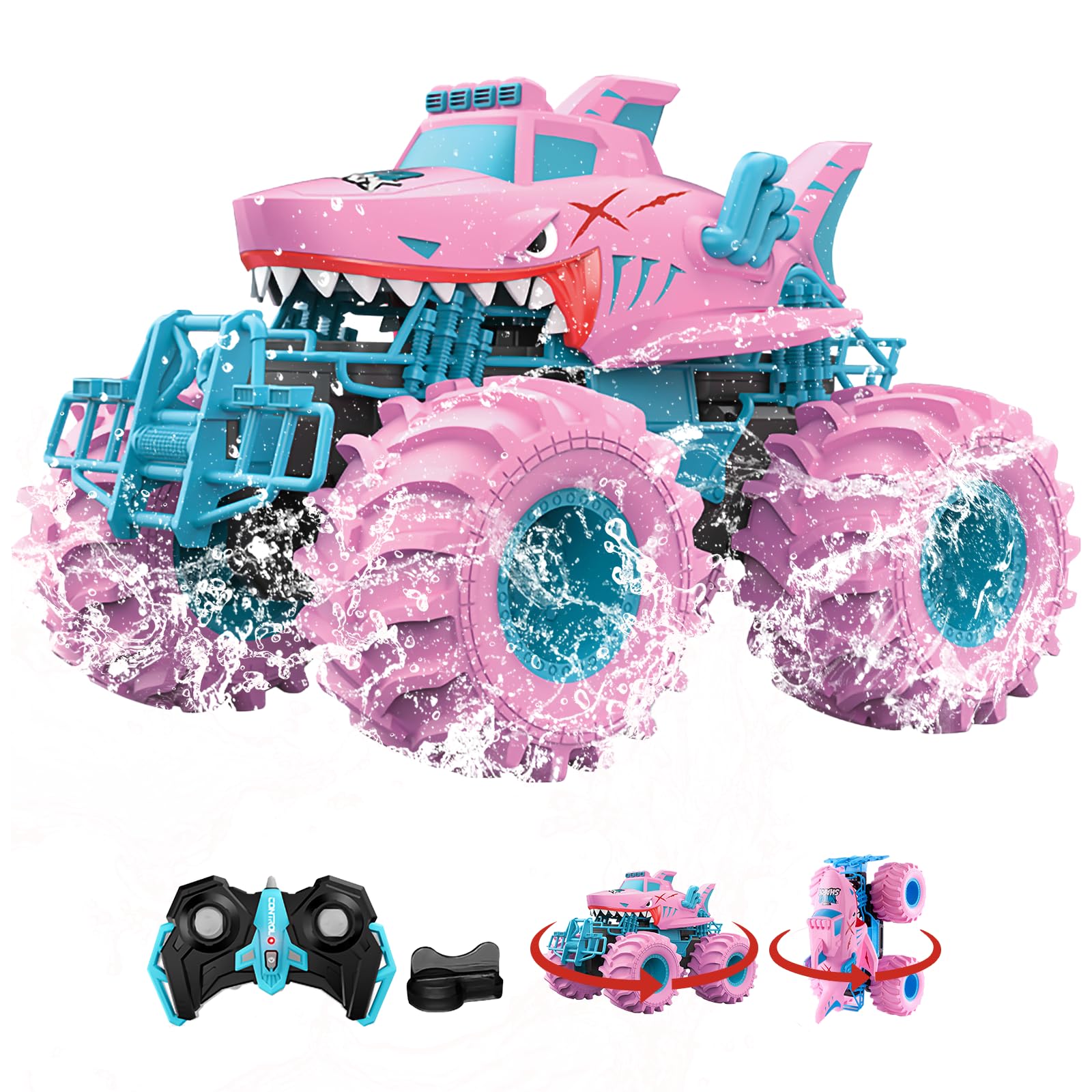 LOYOBOHO Pink Shark Waterproof RC Monster Truck Toys - Amphibious Remote Control Car 4WD All-Terrain Vehicle Toy for Girls Ages 4-12, Durable Off-Road Fun for Kids, Indoor & Outdoor Play