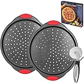 YIDAZLE Pizza Pan for Oven (2 PACK), Pizza Baking Trays with Pizza Cutter, Non-Stick Pizza Baking Pan with Perforated Holes and Silicone Handle, Oven & Dishwasher Safe Carbon Steel