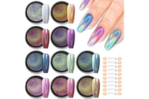 Furtherpretty Holographic Chrome Nail Powder, 10 Colors Metallic Mirror Effect Nail Glitter Powder Laser Gold Silver Pink Blue Aurora Iridescent Manicure Pigment Dust with Brush, Nail Art Decoration