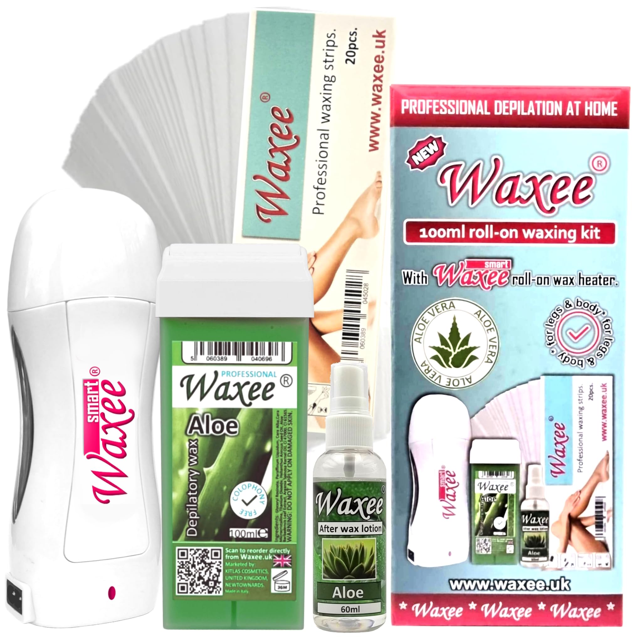 Roll-on waxing kit, Aloe 100ml roller wax, wax heater, after wax oil, waxing strips, complete starter set for professional hair removal at home from UK brand- Waxee.