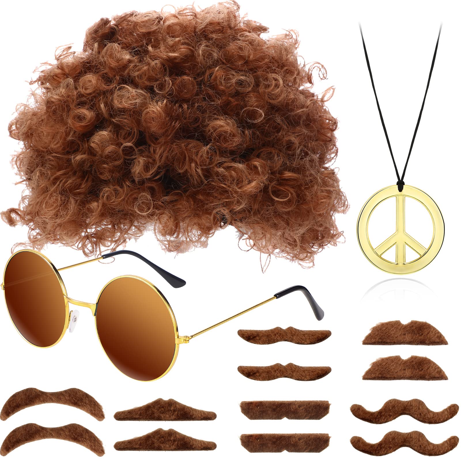 Photo 1 of WILLBOND Hippie Afro Wig Disco Accessories Costume Set for Men Sunglasses Peace Sign Necklace Moustache for 50/60/70s Retro Theme Party (Brown)
