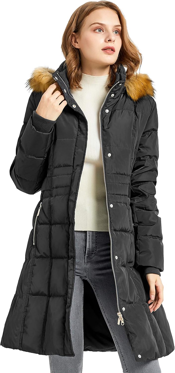 Orolay Quilted Down Jacket Women Winter Long Coat Puffer Jacket with Fur Hood: Clothing