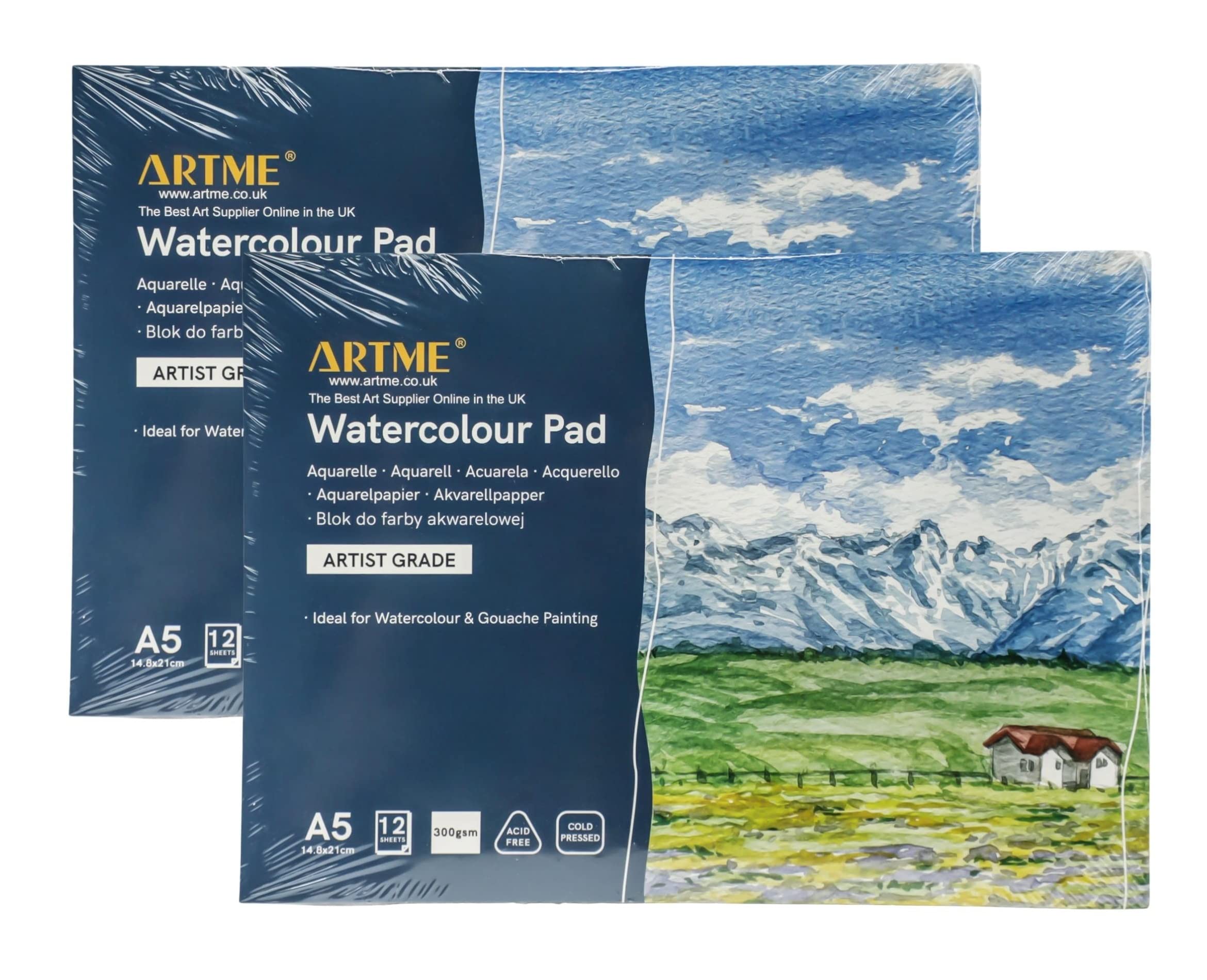 ARTME A5 Watercolour Pad (2 Pack) x 12 Sheets/ 300gsm/ Firmly Textured/Cold Pressed/Cellulose Acid Free/Premium Quality Drawing Pad Sketchbook Aquarelle & Gouache Painting(A5 2 Pack)