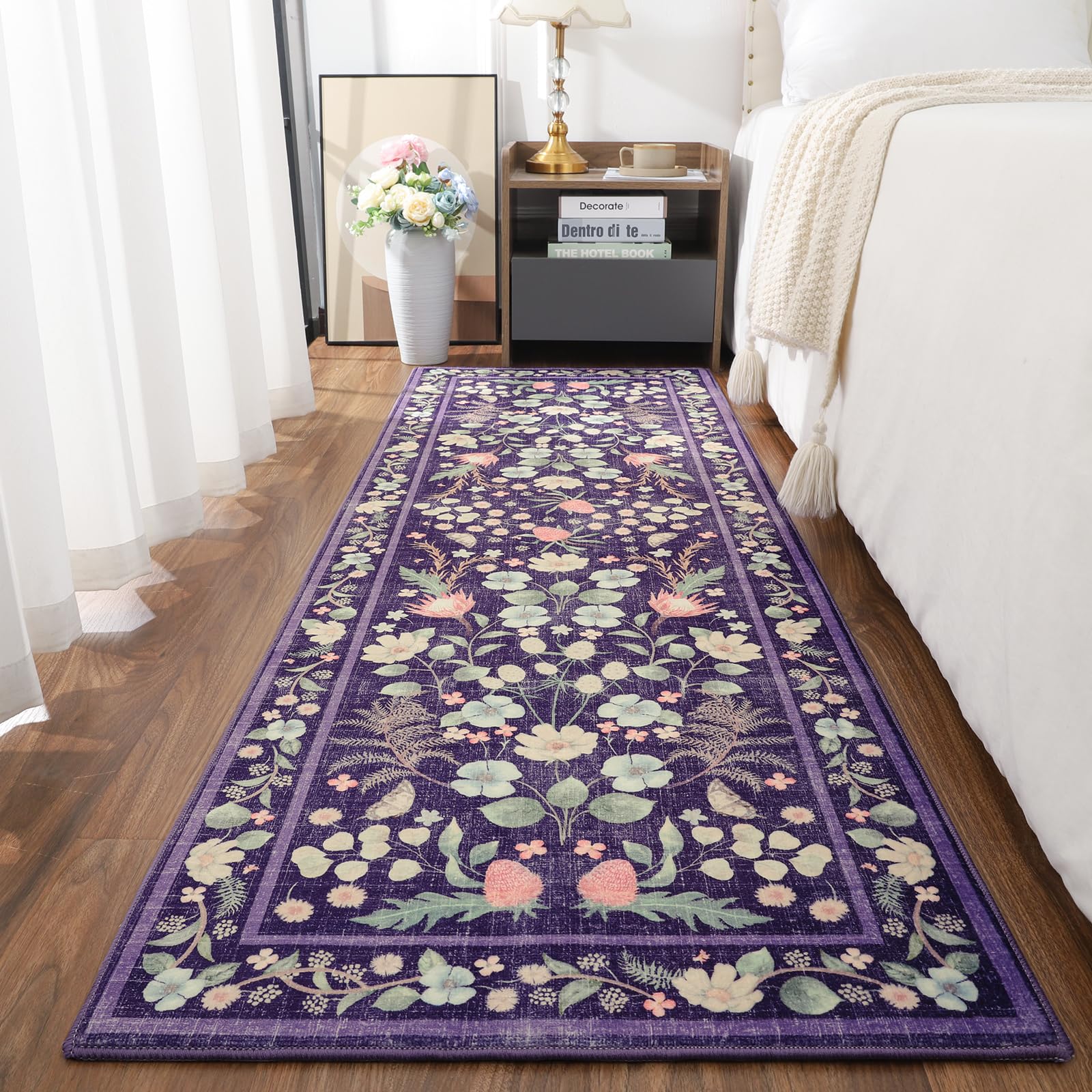 Photo 1 of Przemy Runner Rug for Bedroom, 2x6 Washable Floral Runners Rug, Non Slip with TPR Backing Rustic Carpet for Kid's Bedside Living Room Entryway Hallway Kitchen, Purple