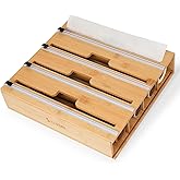 ELIVARA 4-in-1 Bamboo Wrap Organizer with Cutter – Holds Plastic Wrap, Foil, Parchment & Paper Towels – Drawer or Countertop Use – Durable Bamboo Dispenser with Labels