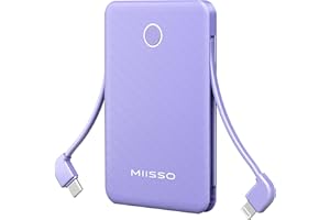 MIISSO 6000mah Ultra Slim Built in Cables Power Bank, Card Size Built in USB C Cords Battery Pack Portable Charger for Phones, 3 Output External Battery Pack Compatible with iPhone, Samsung, Google, Purple