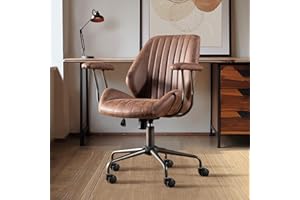 ALTRIGUS Mid Century Modren Office Chair,Mid Back Ergonomic Executive Chair with Lumbar Support, Computer Desk Swivel Task Chair with Wheels, Faux Lether Suede Fabric Home Chair, Dark Brown