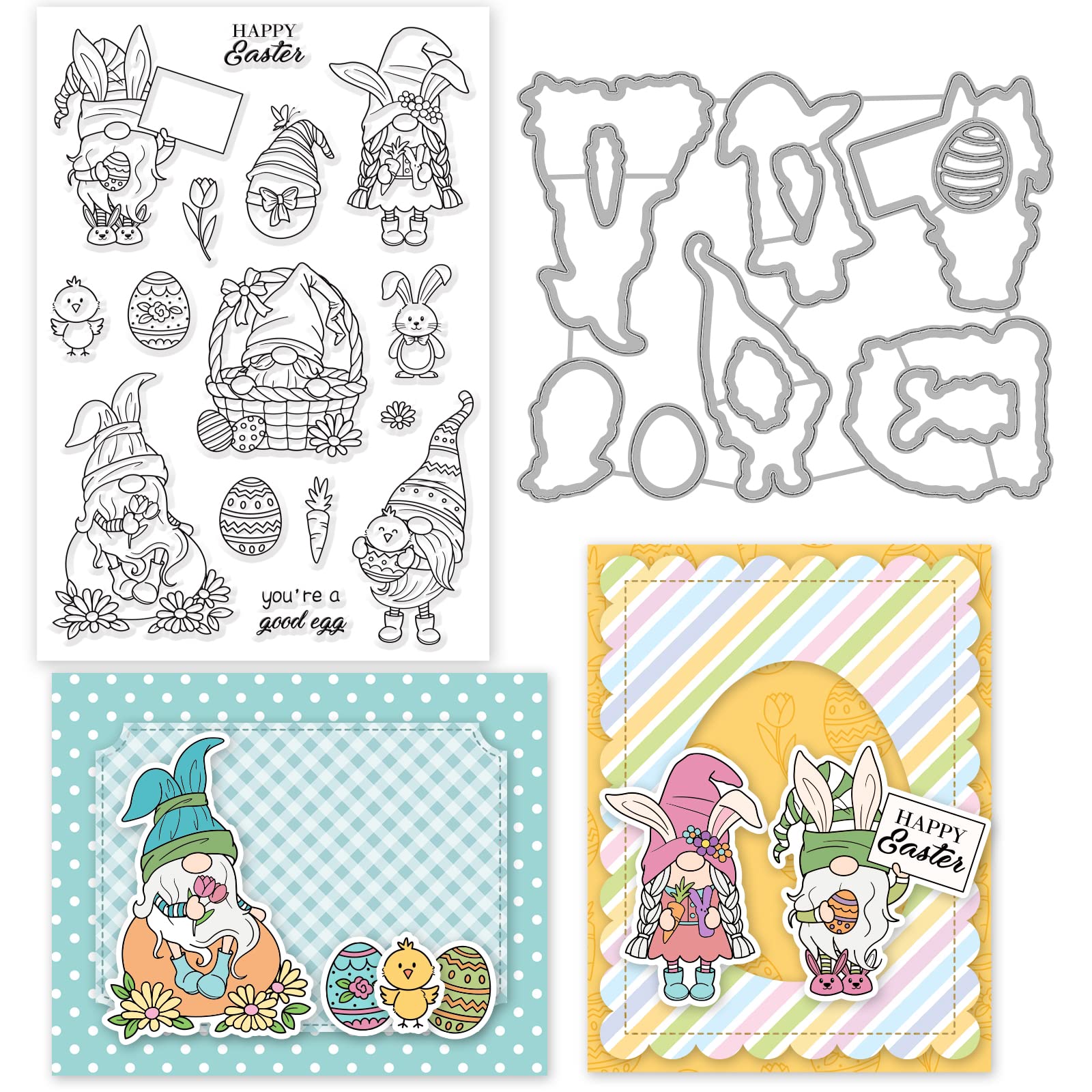 ORIGACH Easter Gnome Stamps and Dies for Card Making Chicken Rabbit Dies and Stamps Set for DIY Scrapbooking Album Decorative