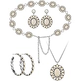Landical 4 Pcs White Turquoise Concho Chain Belt Set Metal Western Waist Belts Turquoise Necklace Earrings Jewlery for Women