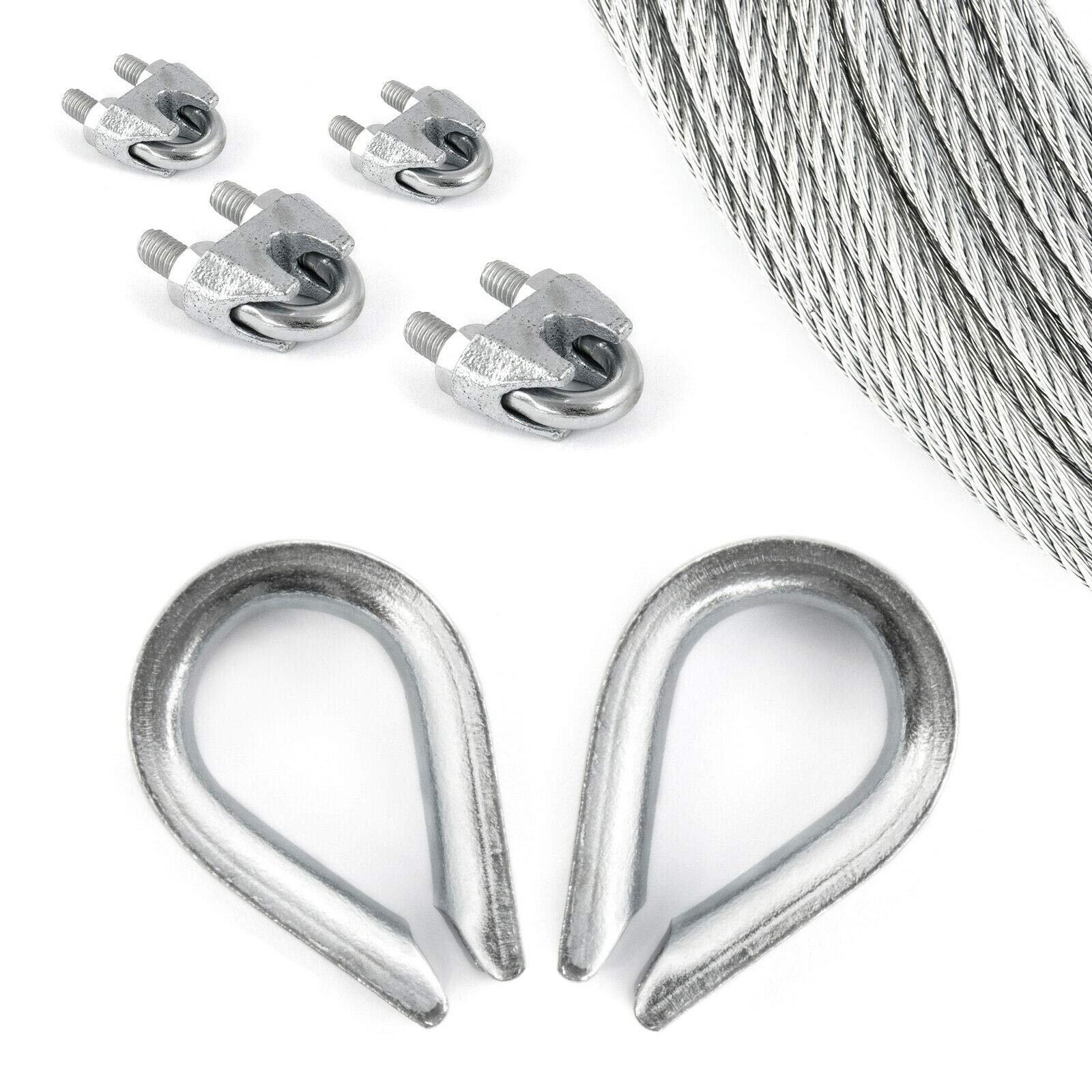 Set 10m Steel Wire Rope galvanised 4mm Strand: 6x7 + 4 Clips + 2 thimbles - Many Sizes Avaliable