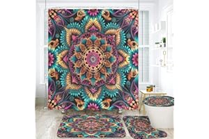 EENSYWEENSY Boho Mandala Bathroom Set, 4-Piece with Shower Curtain 71x71, Bath Mat, Contour Rug, Toilet Lid Cover, Bohemian Floral Pattern