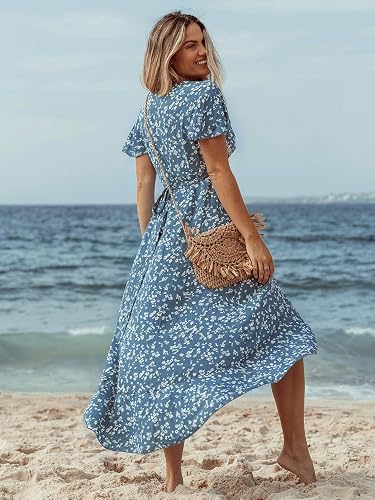 berrygo women's boho v neck ruffle floral wrap maxi dress BerryGo Women's 2024 Summer Boho V Neck Ruffle Floral Maxi Dress Wrap  Wedding Guest Dress Blue S in Kenya