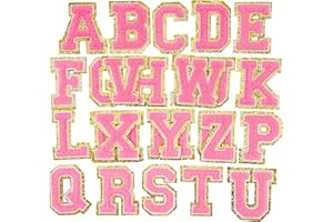 Jongdari Letter Patches Varsity Chenille Iron on Letters Patchs for Clothing English Letter A-Z with Gold Glitters Border, 26pcs Pink