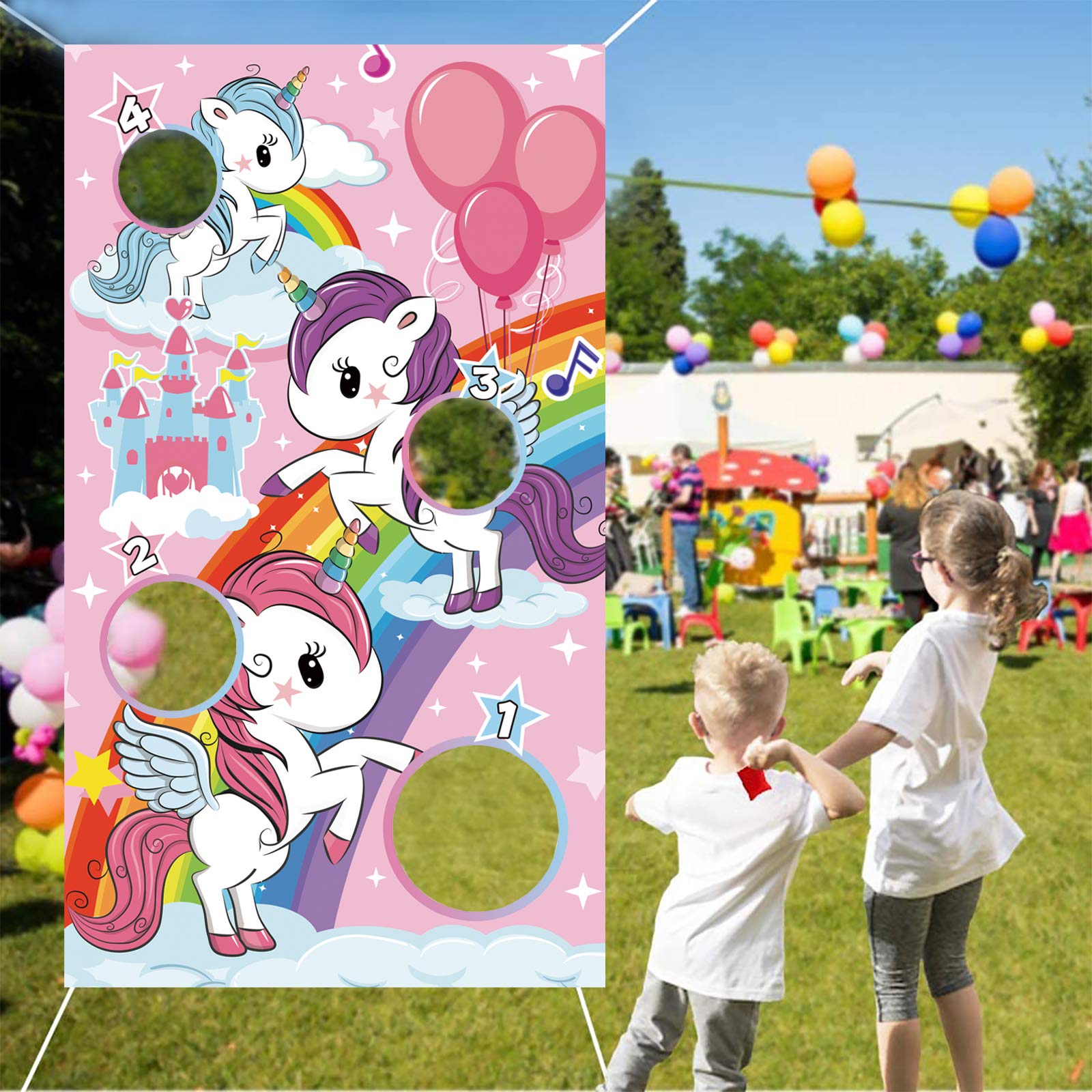 KIMI HOUSEUnicorn Toss Games Banner，Cute Unicorn Party Cornhole Game with 4 Bean Bags for Kids Girls Birthday, Indoor Outdoor Lawn Yard Games, Perfect for Unicorn Theme Party Decorations and Supplies