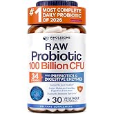 Wholesome Wellness Organic Raw Probiotics 100 Billion CFU, Dr Formulated for Women and Men, Complete Adult Supplement with Prebiotics, Probiotics and Digestive Enzymes; 30 Capsules