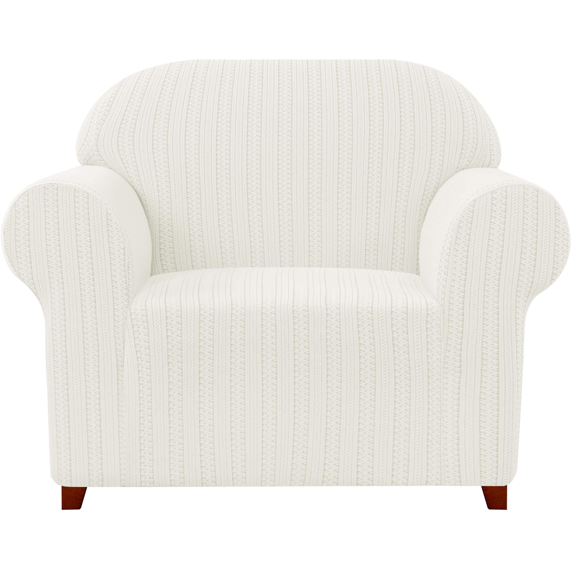 subrtex 1-Piece Striped Jacquard Sofa Slipcover, Spandex Stretch Couch Sofa Cover, Washable Furniture Protector for Living Room (1 Seater, Cream)